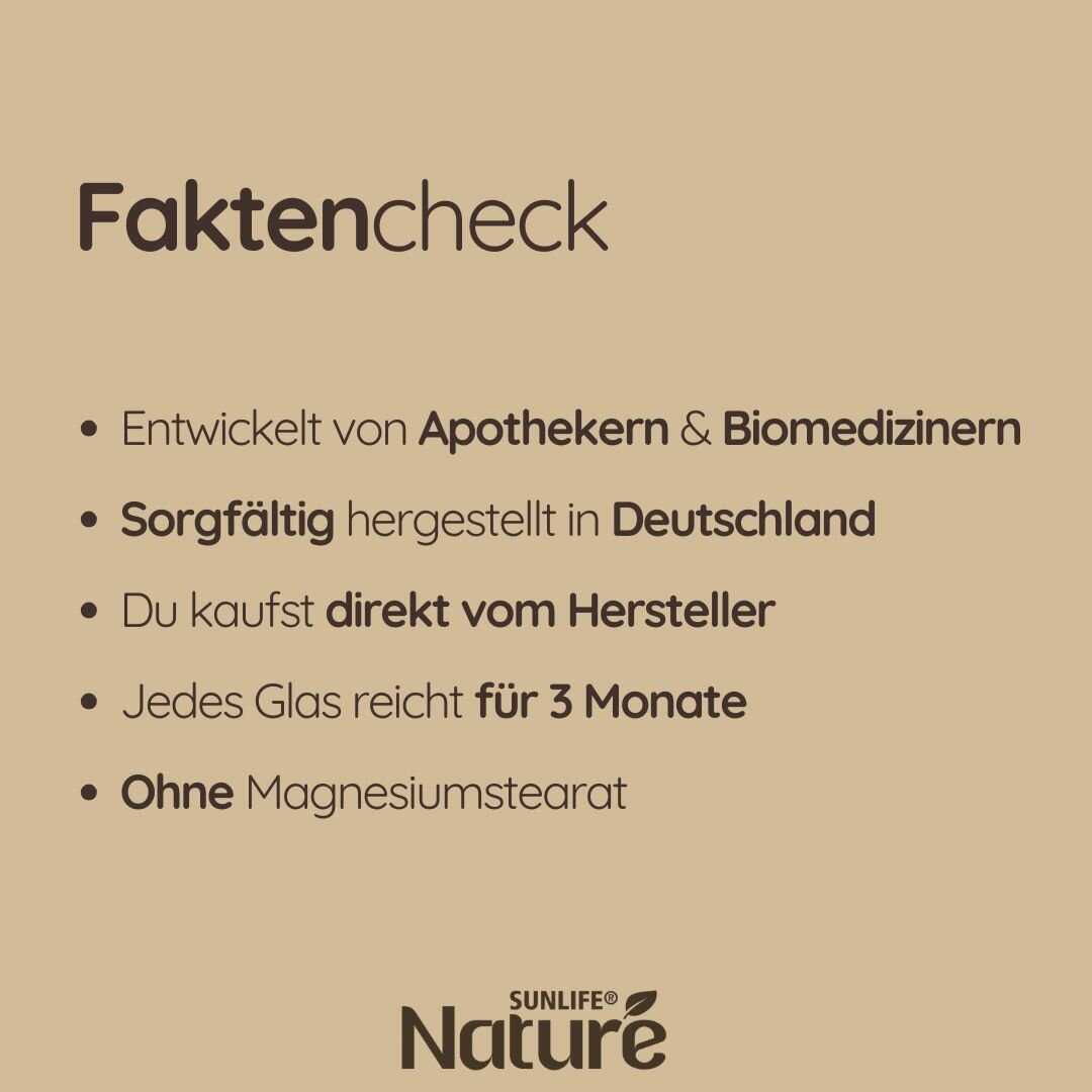 Erklärung von Fakten: Entwickelt von Apothekern und Biomedizinern, sorgfältig hergestellt in Deutschland, Du kaufst direkt vom Hersteller, Jedes Glas reicht 3 Monate, ohne Magnesiumstearat
