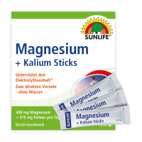 SUNLIFE® Magnesium 400 mg + Kalium Sticks 20 Stk Kirsche Elektrolyt-Gleichgewicht + 375 mg Kalium Muskeln Sport Knochenunterstützung