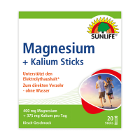 SUNLIFE® Magnesium 400 mg + Kalium Sticks 20 Stk Kirsche Elektrolyt-Gleichgewicht + 375 mg Kalium Muskeln Sport Knochenunterstützung