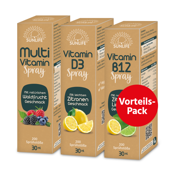 SUNLIFE® Vorteils-Pack Mix Vitamin B12 + D3 + Multivitamin Spray Immunsystem Knochen Zähne Energie Nervensystem