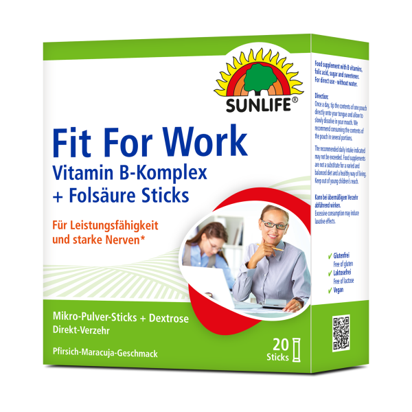 SUNLIFE®  Fit for Work Sticks Pfirsich-Maracuja Geschmack Leistungsfähigkeit Nerven